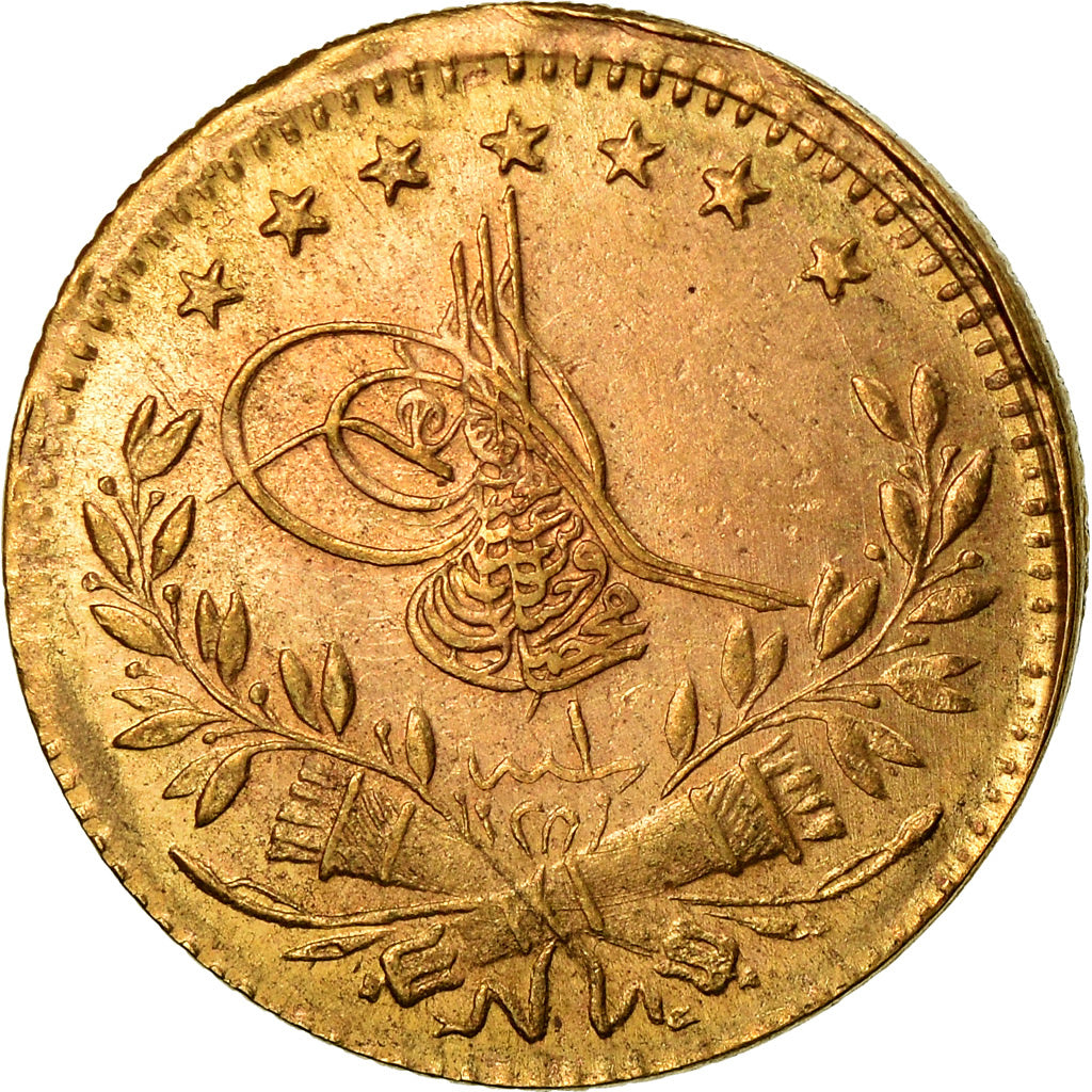 Coin, Turkey, Muhammad VI, 25 Kurush, 1917, Qustantiniyah, EF(40-45), Gold