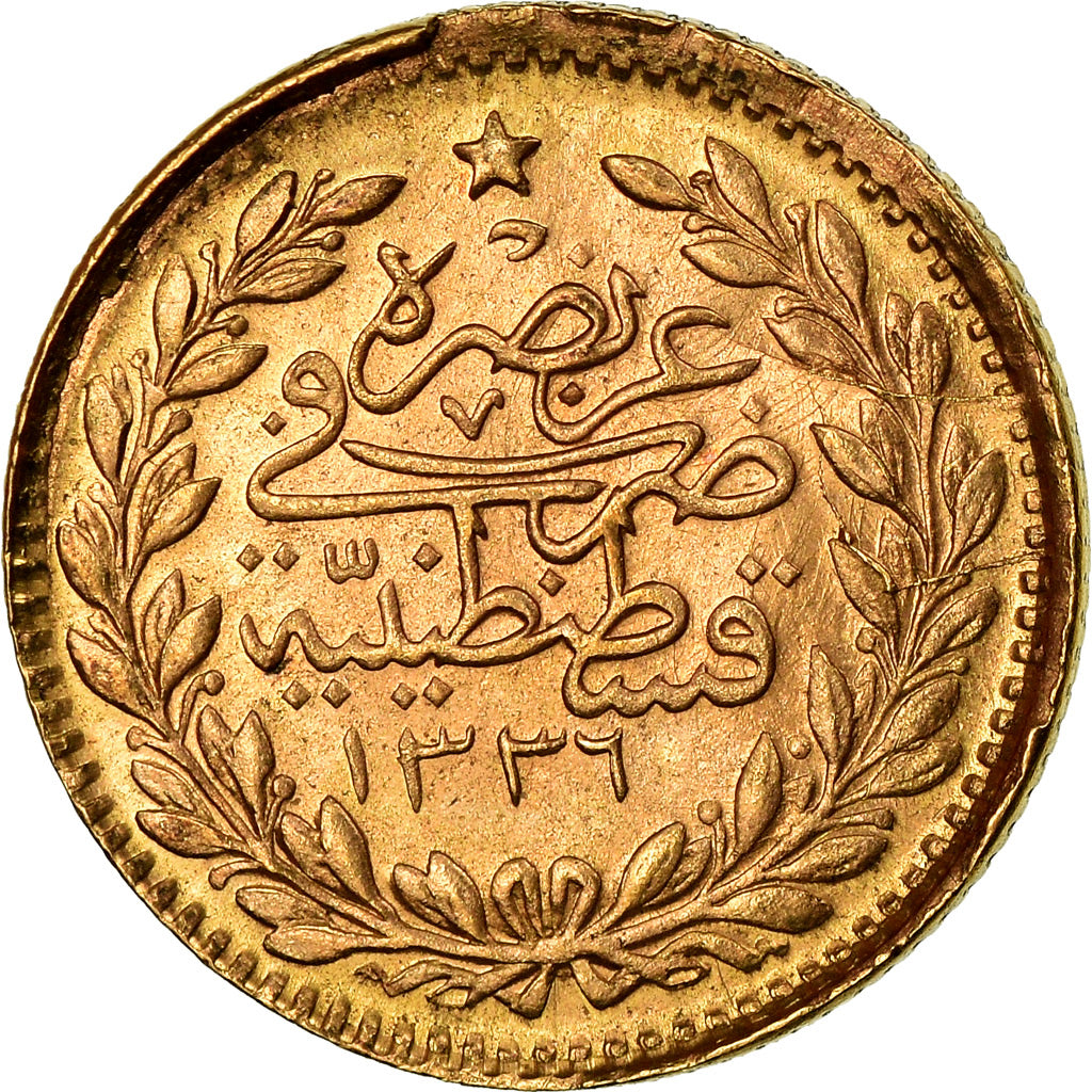 Coin, Turkey, Muhammad VI, 25 Kurush, 1917, Qustantiniyah, EF(40-45), Gold