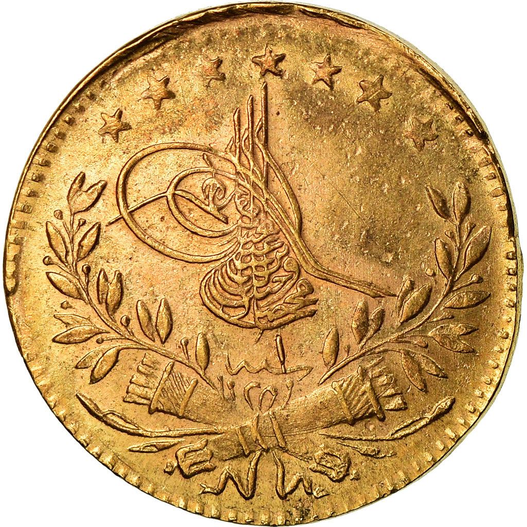 Coin, Turkey, Muhammad VI, 25 Kurush, 1917, Qustantiniyah, EF(40-45), Gold