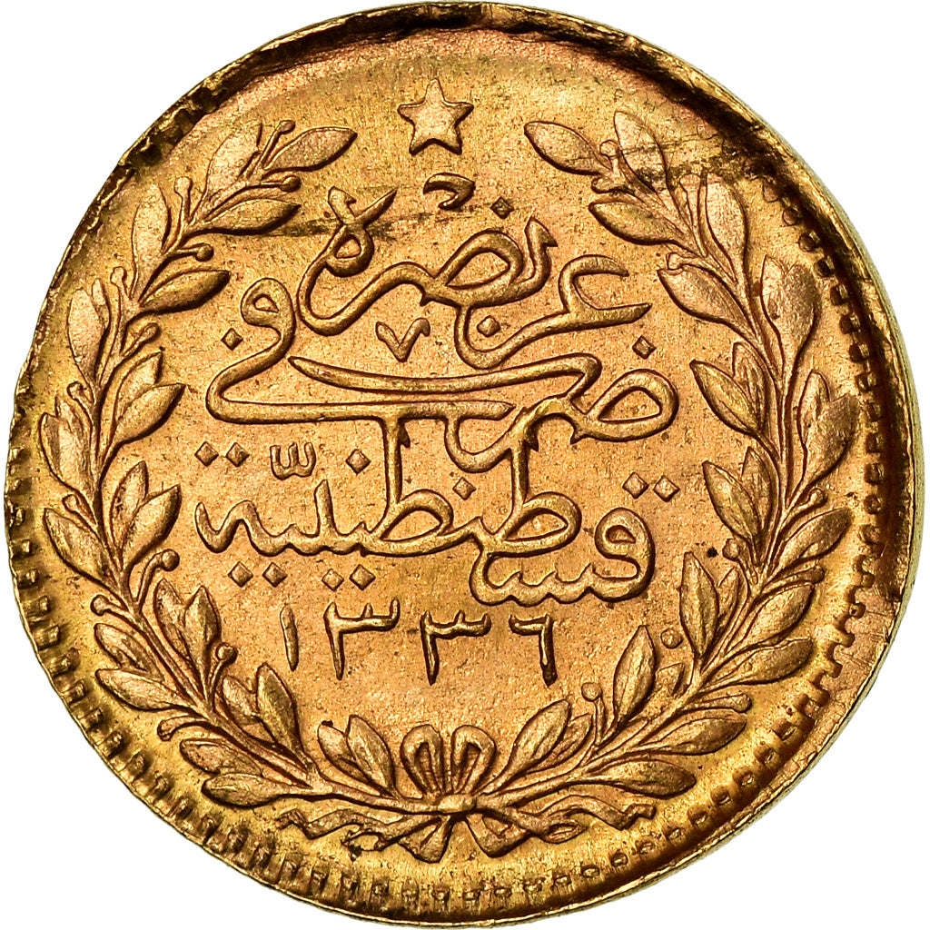 Coin, Turkey, Muhammad VI, 25 Kurush, 1917, Qustantiniyah, EF(40-45), Gold