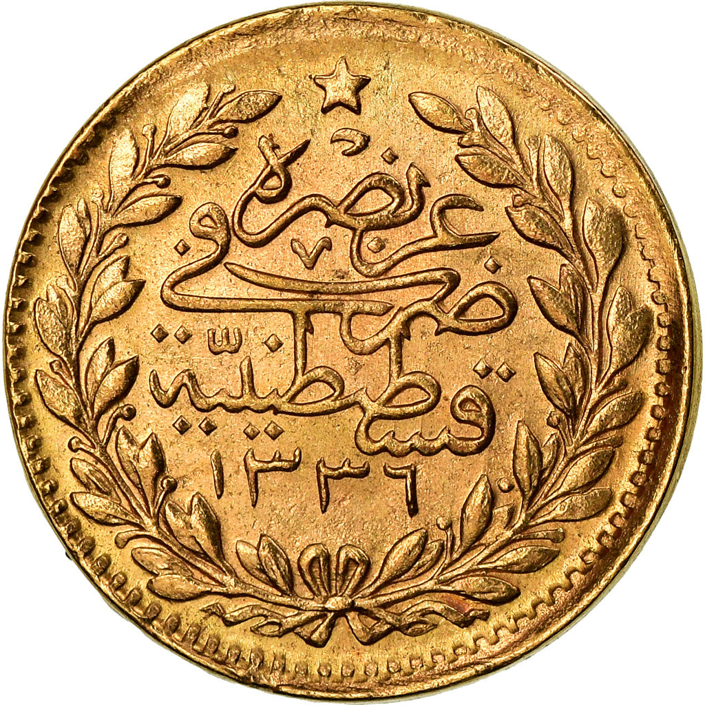 Coin, Turkey, Muhammad VI, 25 Kurush, 1917, Qustantiniyah, EF(40-45), Gold