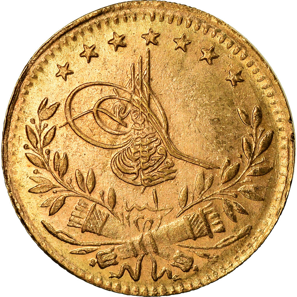 Coin, Turkey, Muhammad VI, 25 Kurush, 1917, Qustantiniyah, EF(40-45), Gold