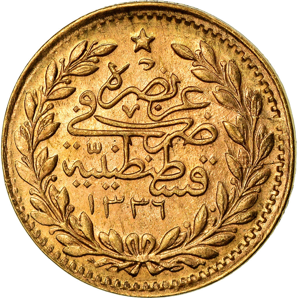 Coin, Turkey, Muhammad VI, 25 Kurush, 1917, Qustantiniyah, EF(40-45), Gold