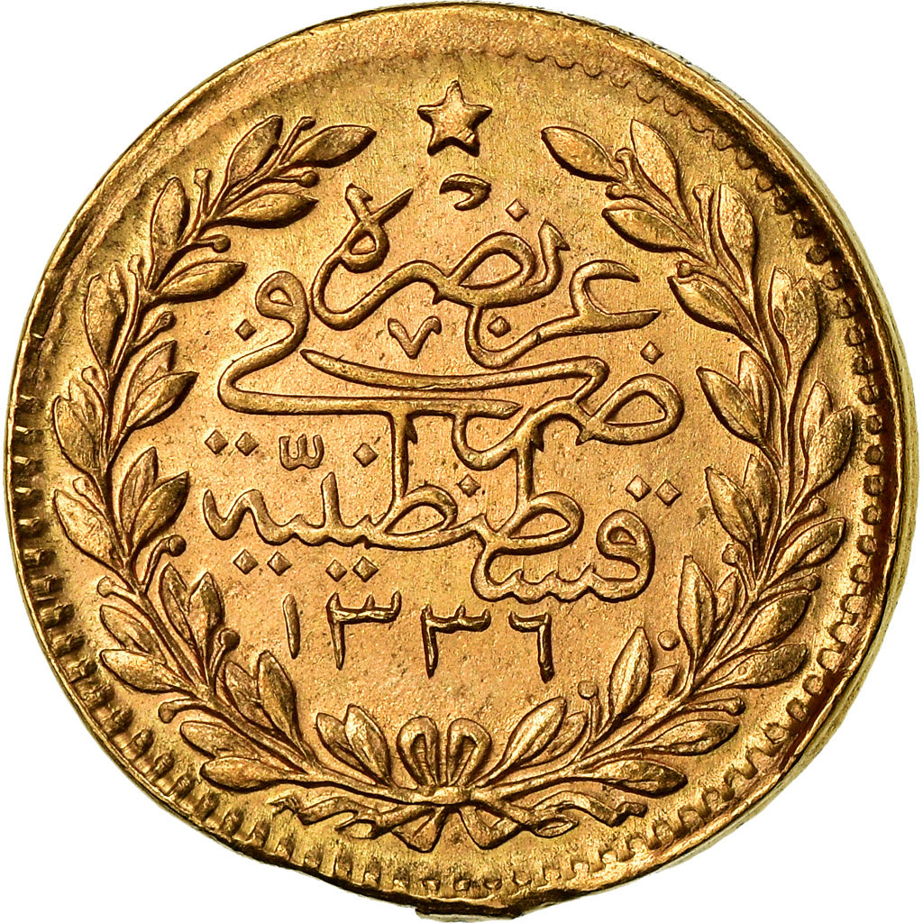 Coin, Turkey, Muhammad VI, 25 Kurush, 1917, Qustantiniyah, EF(40-45), Gold