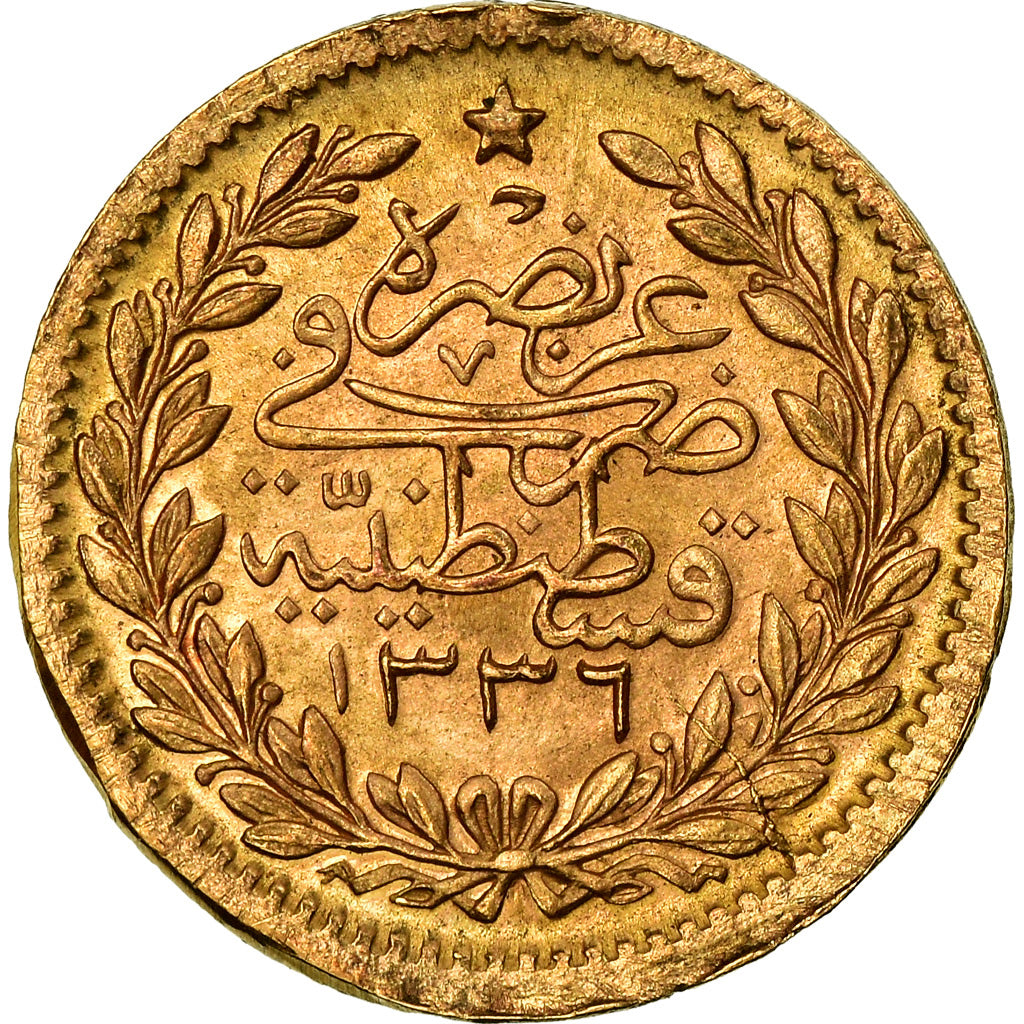 Coin, Turkey, Muhammad VI, 25 Kurush, 1917, Qustantiniyah, EF(40-45), Gold