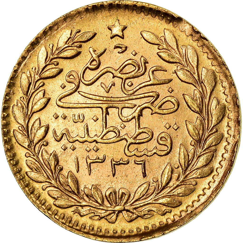 Coin, Turkey, Muhammad VI, 25 Kurush, 1917, Qustantiniyah, EF(40-45), Gold