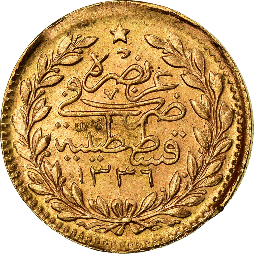 Coin, Turkey, Muhammad VI, 25 Kurush, 1917, Qustantiniyah, EF(40-45), Gold