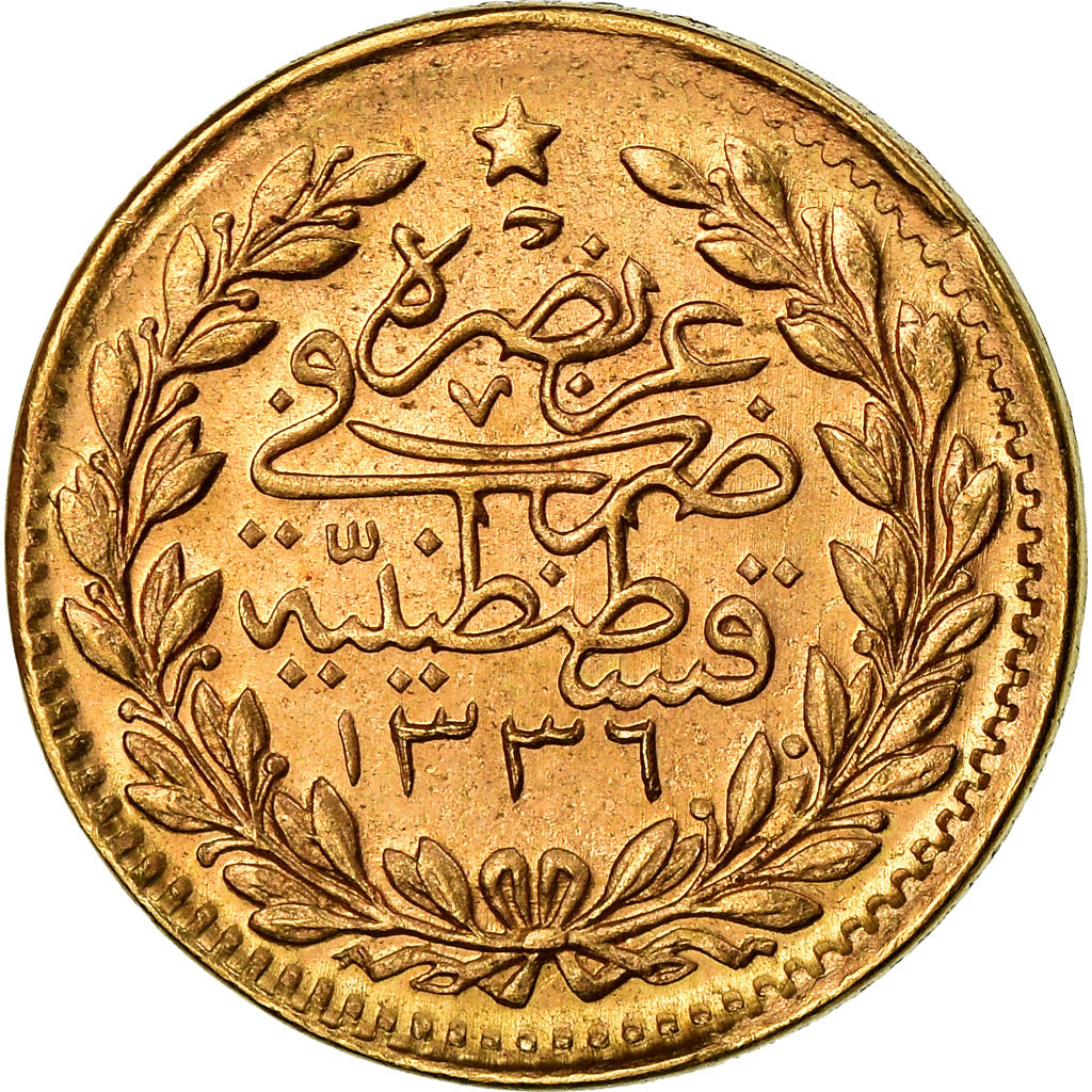 Coin, Turkey, Muhammad VI, 25 Kurush, 1917, Qustantiniyah, EF(40-45), Gold