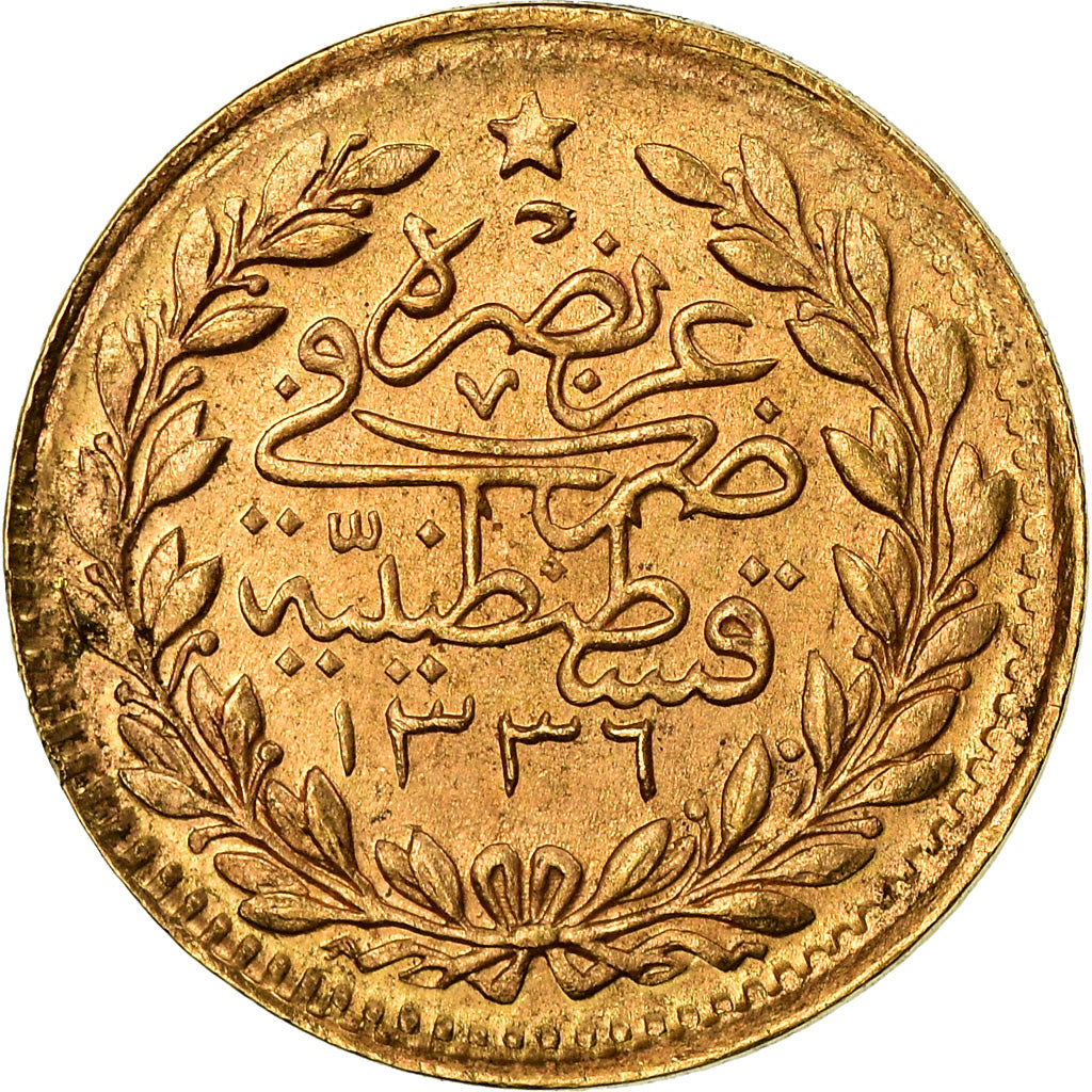 Coin, Turkey, Muhammad VI, 25 Kurush, 1917, Qustantiniyah, EF(40-45), Gold