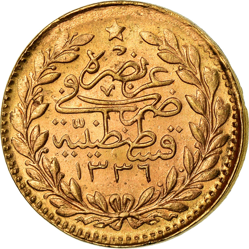 Coin, Turkey, Muhammad VI, 25 Kurush, 1917, Qustantiniyah, EF(40-45), Gold
