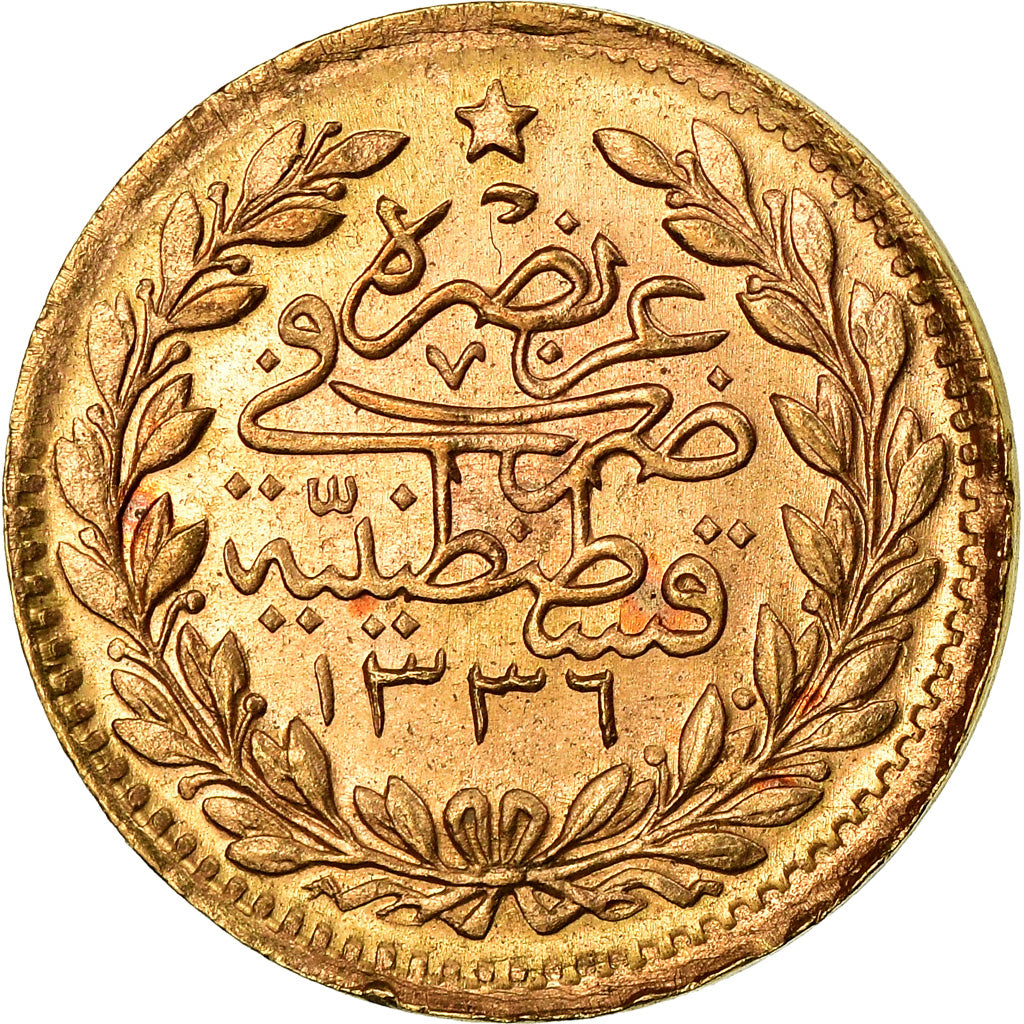 Coin, Turkey, Muhammad VI, 25 Kurush, 1917, Qustantiniyah, EF(40-45), Gold