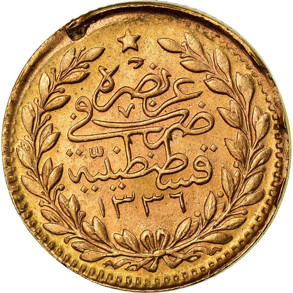 Coin, Turkey, Muhammad VI, 25 Kurush, 1917, Qustantiniyah, EF(40-45), Gold