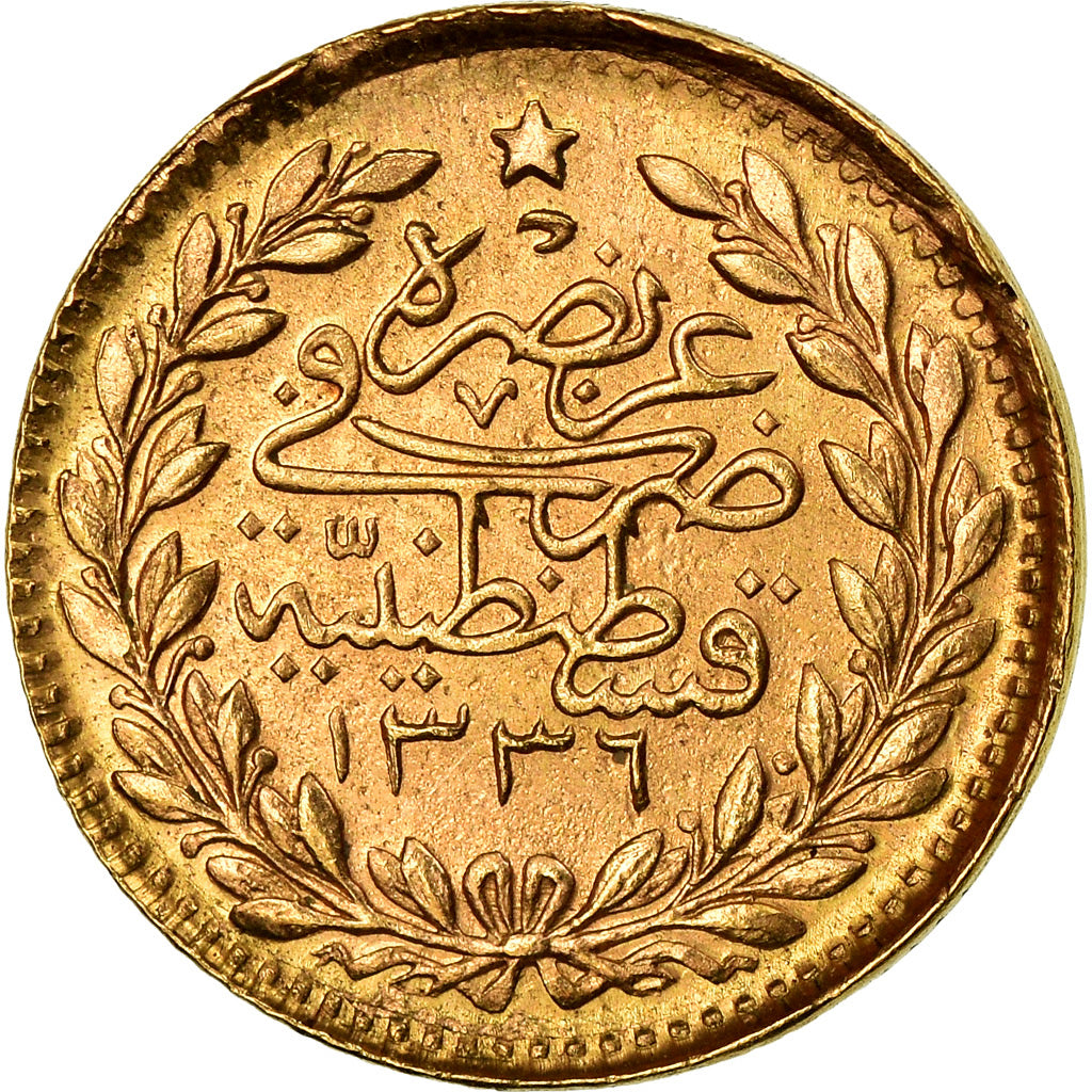 Coin, Turkey, Muhammad VI, 25 Kurush, 1917, Qustantiniyah, EF(40-45), Gold