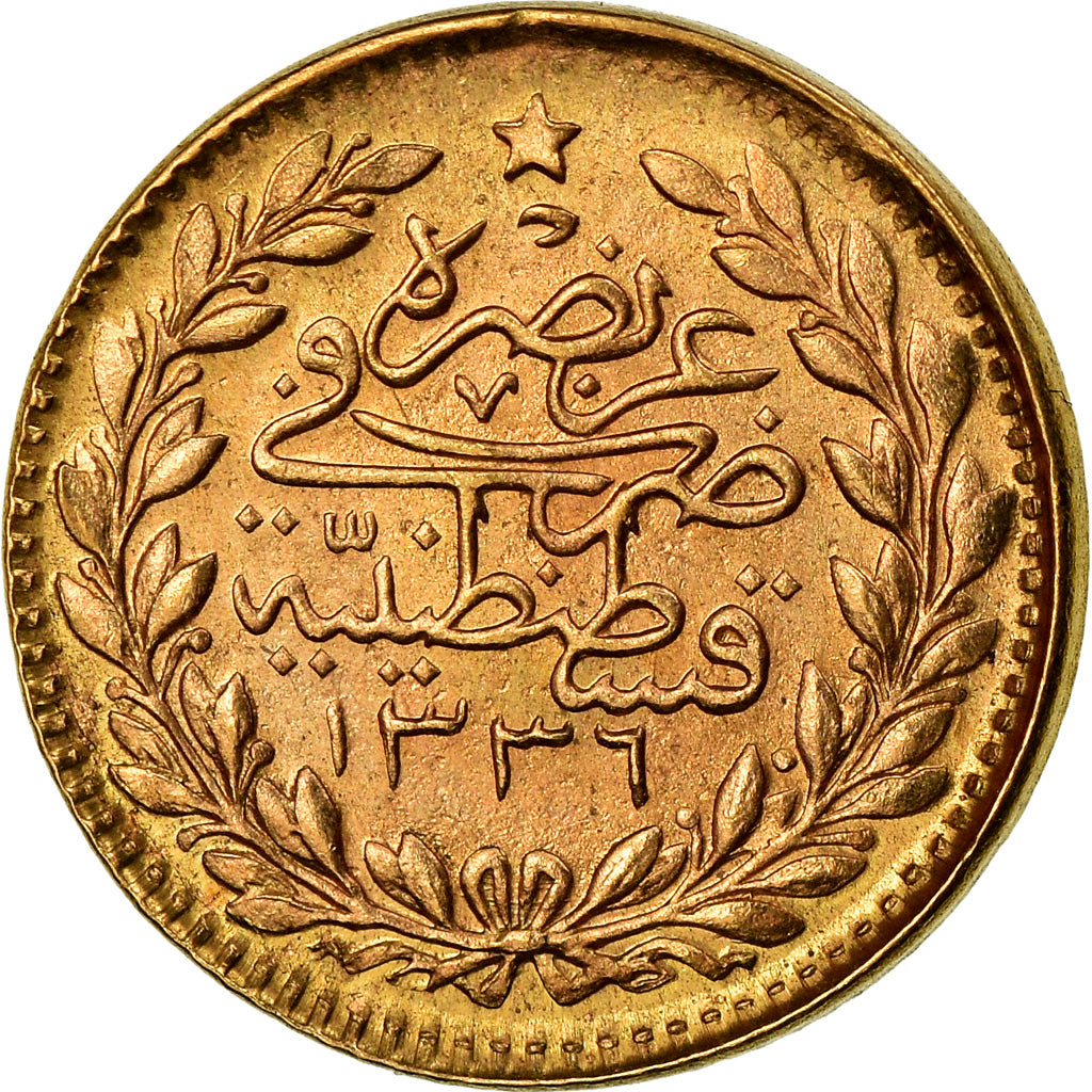 Coin, Turkey, Muhammad VI, 25 Kurush, 1917, Qustantiniyah, EF(40-45), Gold