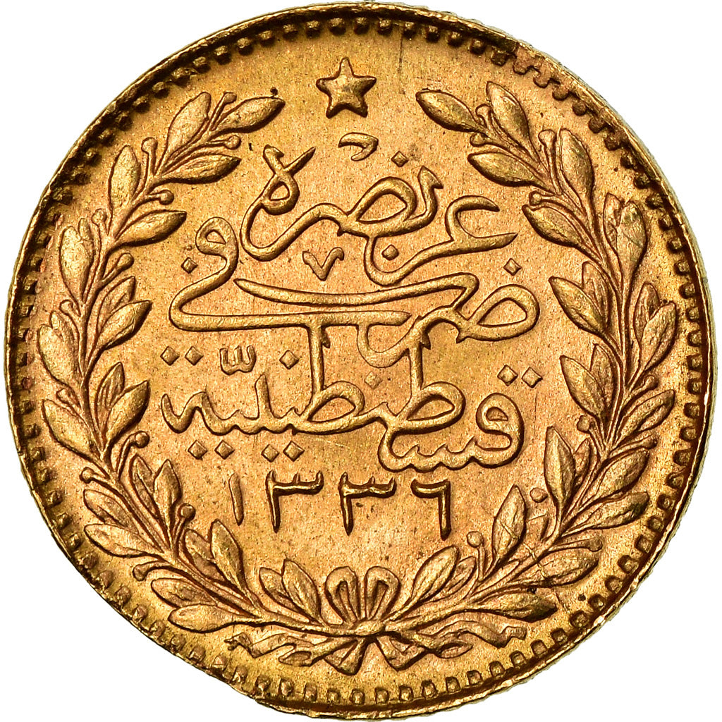 Coin, Turkey, Muhammad VI, 25 Kurush, 1917, Qustantiniyah, EF(40-45), Gold