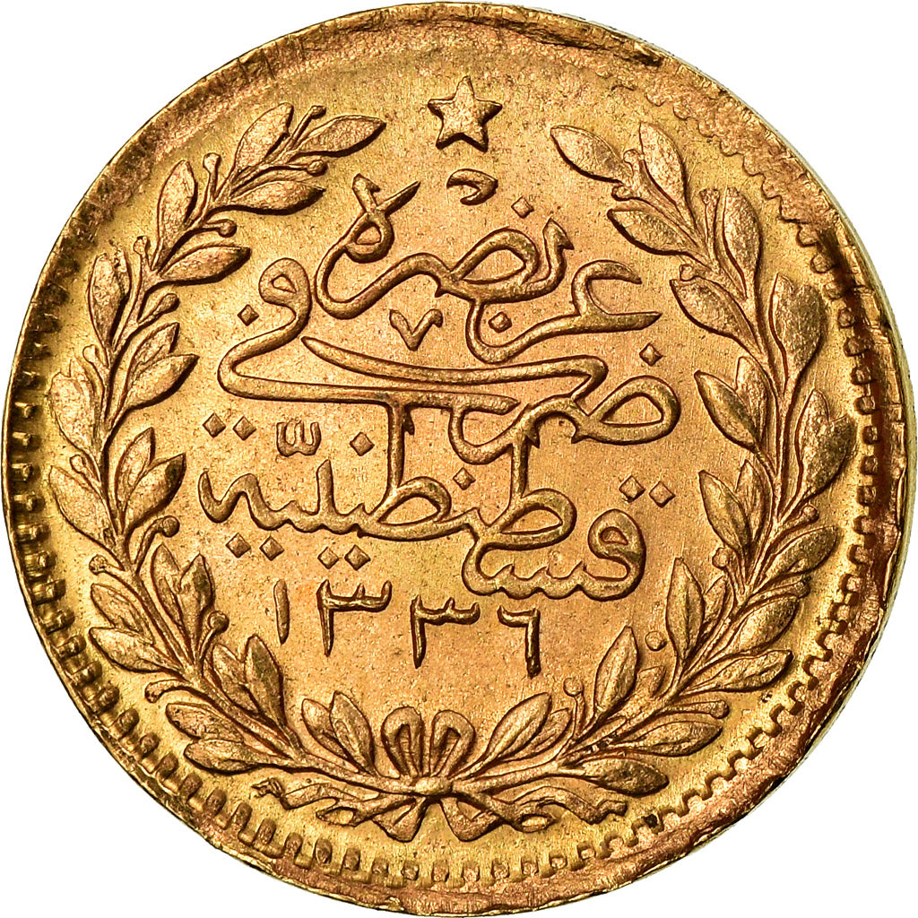 Coin, Turkey, Muhammad VI, 25 Kurush, 1917, Qustantiniyah, EF(40-45), Gold