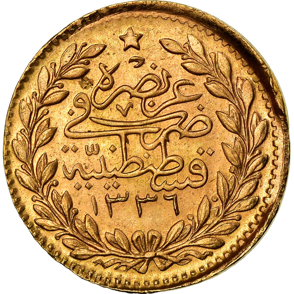 Coin, Turkey, Muhammad VI, 25 Kurush, 1917, Qustantiniyah, EF(40-45), Gold