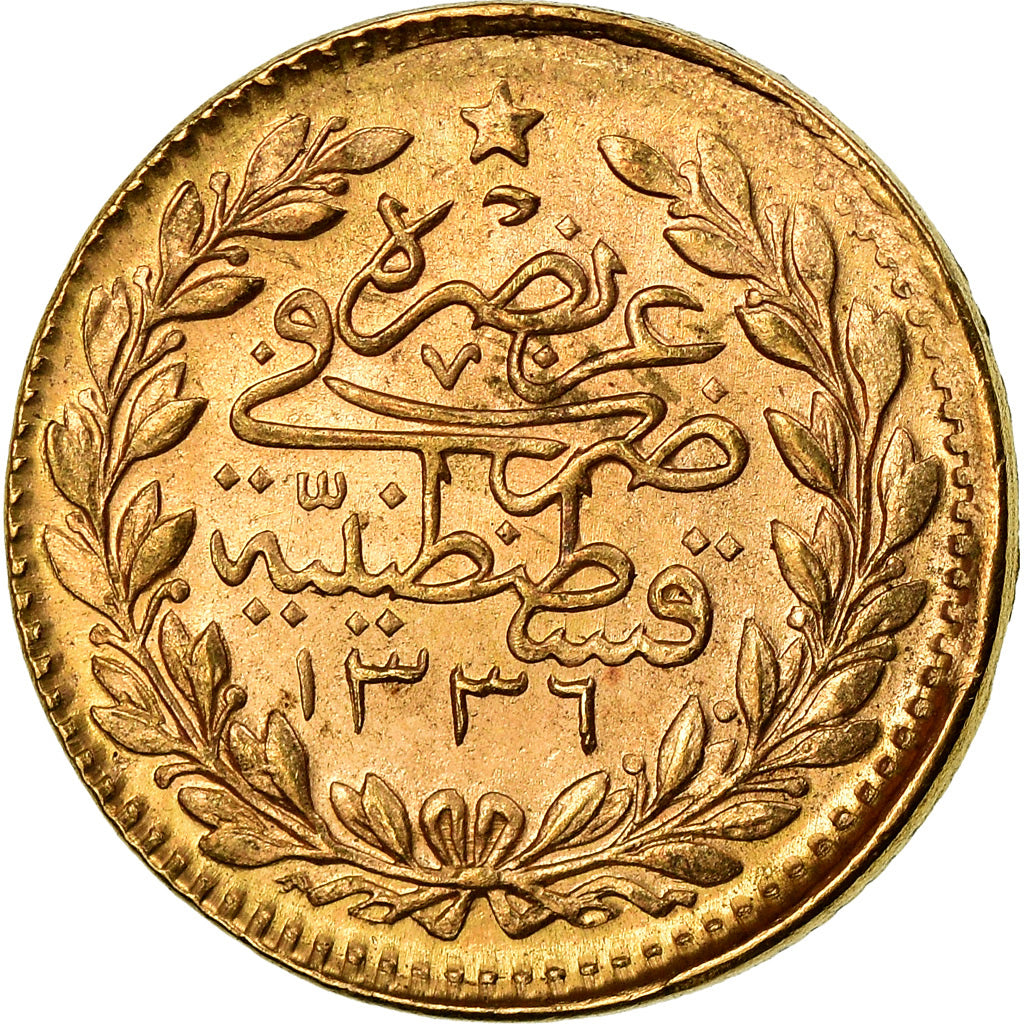 Coin, Turkey, Muhammad VI, 25 Kurush, 1917, Qustantiniyah, EF(40-45), Gold