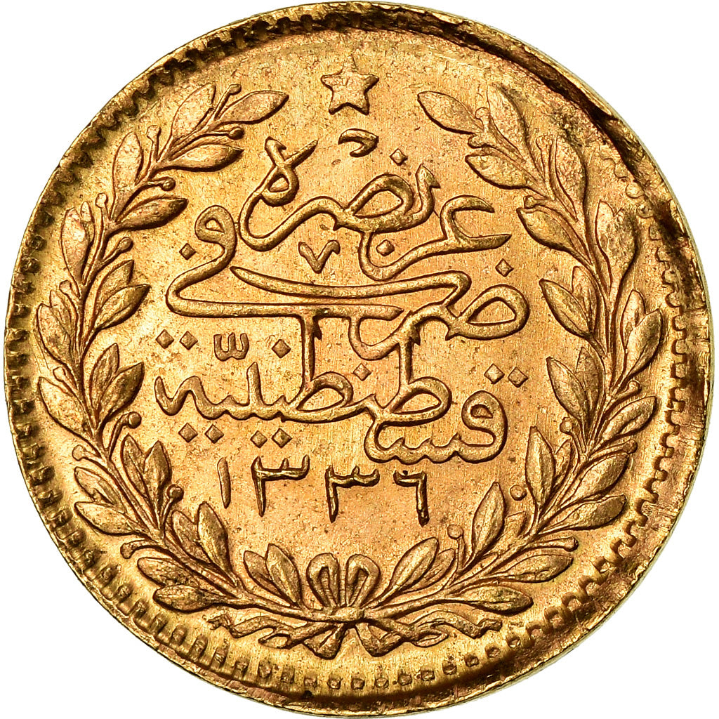 Coin, Turkey, Muhammad VI, 25 Kurush, 1917, Qustantiniyah, EF(40-45), Gold