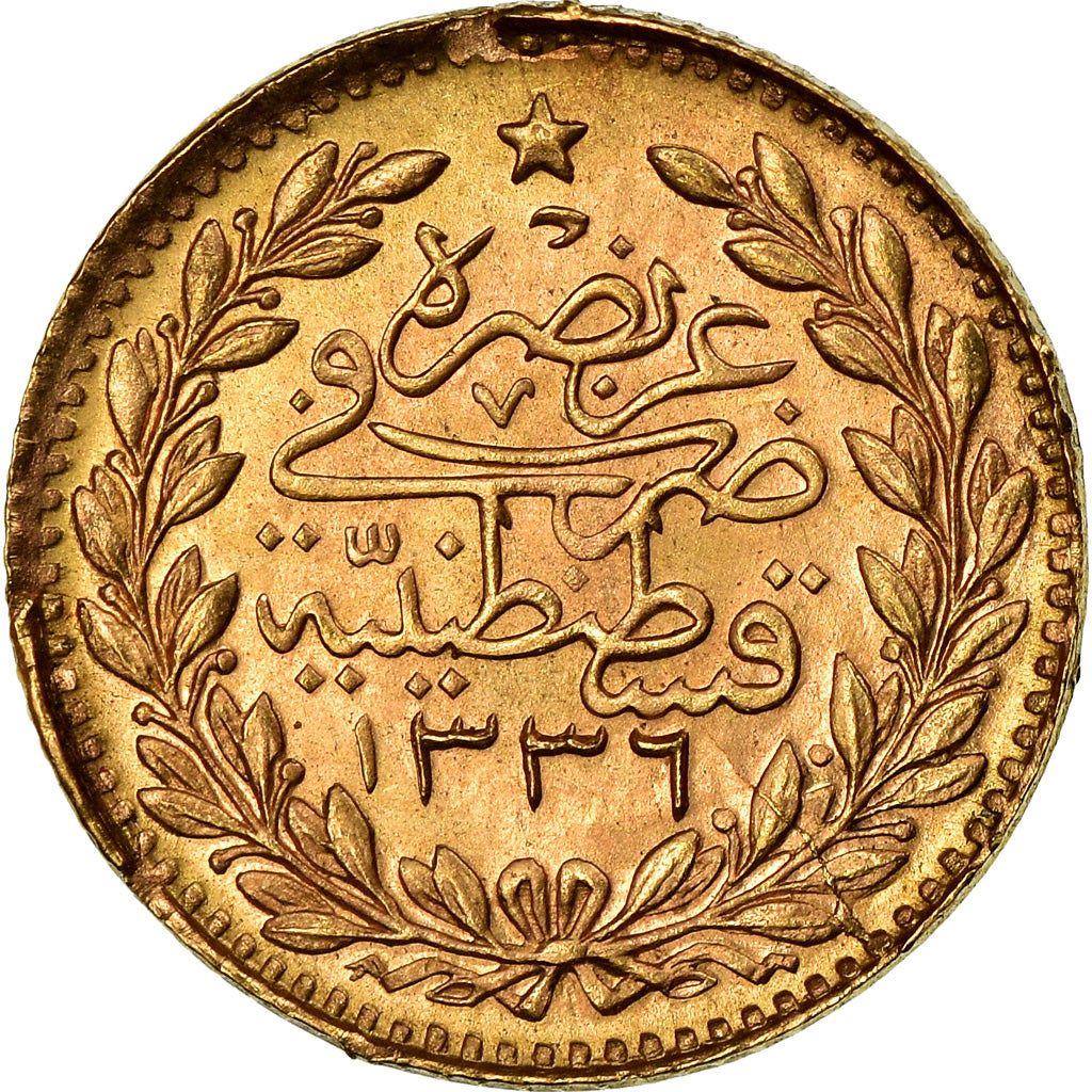 Coin, Turkey, Muhammad VI, 25 Kurush, 1917, Qustantiniyah, EF(40-45), Gold