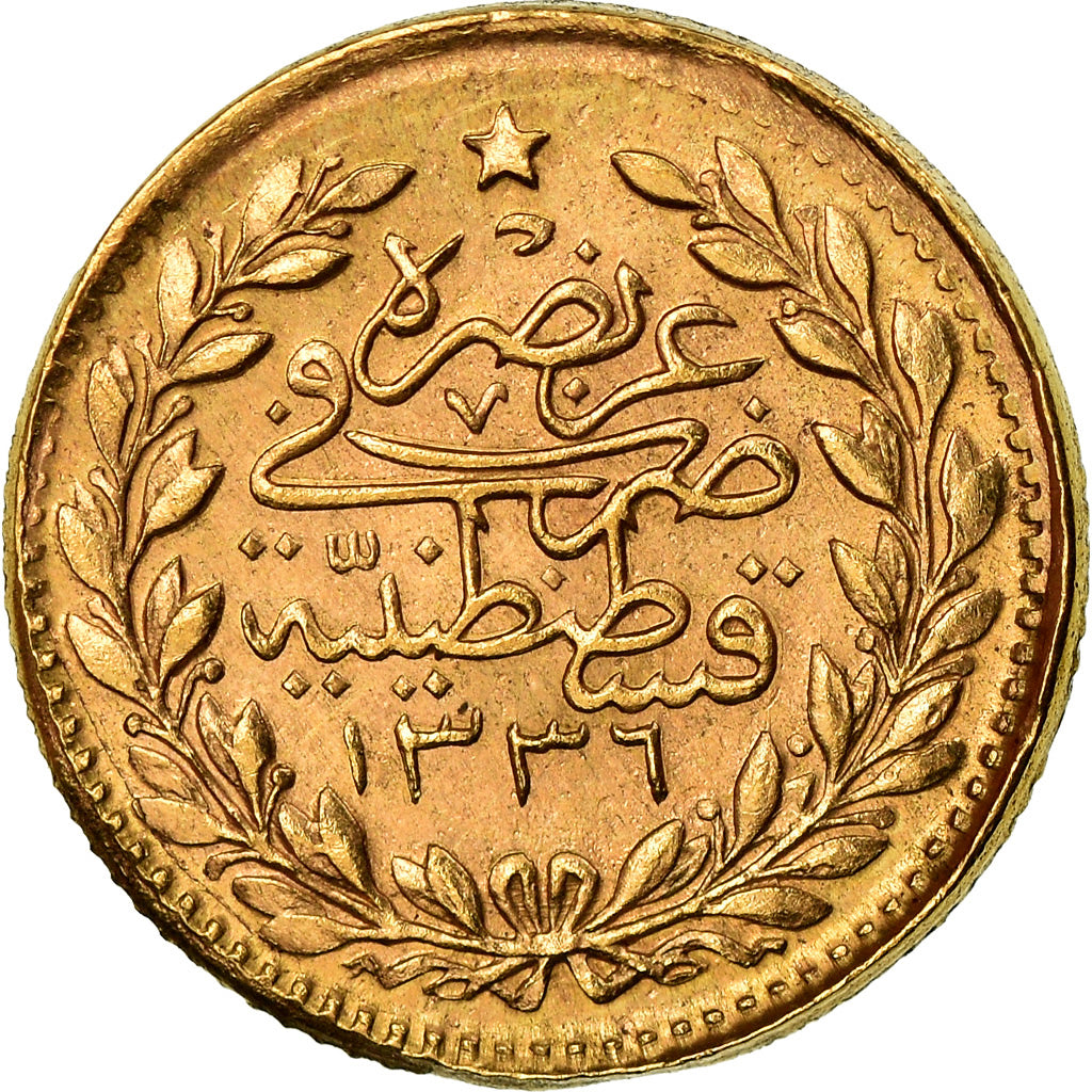 Coin, Turkey, Muhammad VI, 25 Kurush, 1917, Qustantiniyah, EF(40-45), Gold