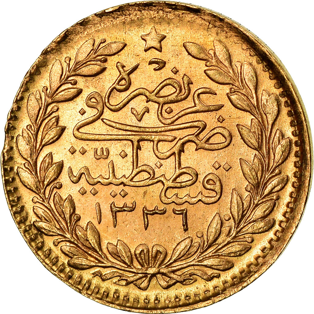 Coin, Turkey, Muhammad VI, 25 Kurush, 1917, Qustantiniyah, EF(40-45), Gold