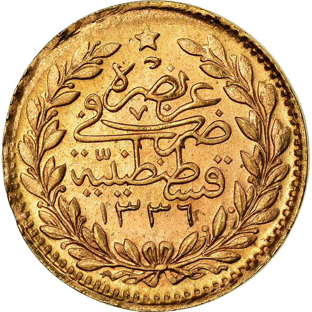 Coin, Turkey, Muhammad VI, 25 Kurush, 1917, Qustantiniyah, EF(40-45), Gold