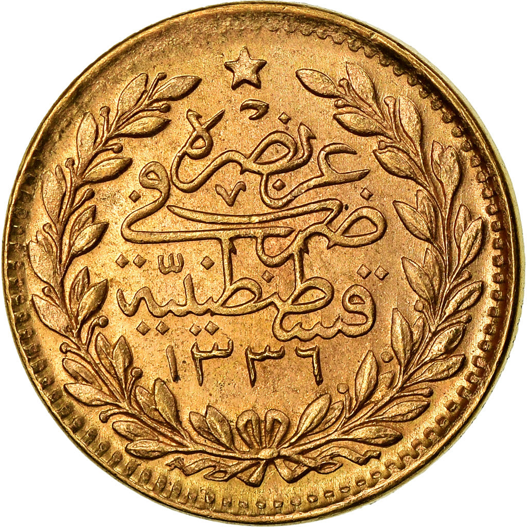 Coin, Turkey, Muhammad VI, 25 Kurush, 1917, Qustantiniyah, EF(40-45), Gold
