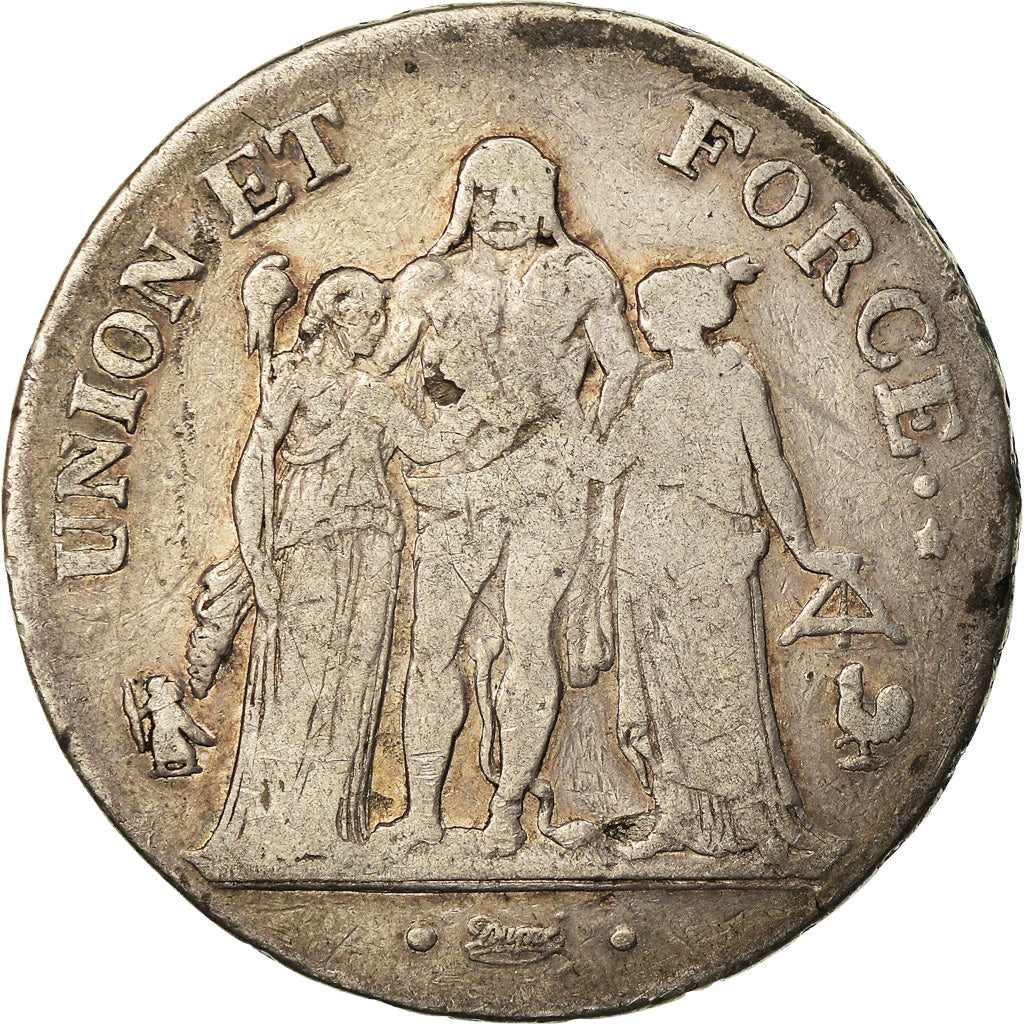 Moneda, Francia, Union et Force, 5 Francs, AN 7, Paris, BC+, Plata, KM:639.1