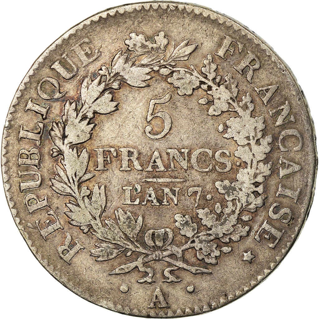 Moneda, Francia, Union et Force, 5 Francs, AN 7, Paris, BC+, Plata, KM:639.1
