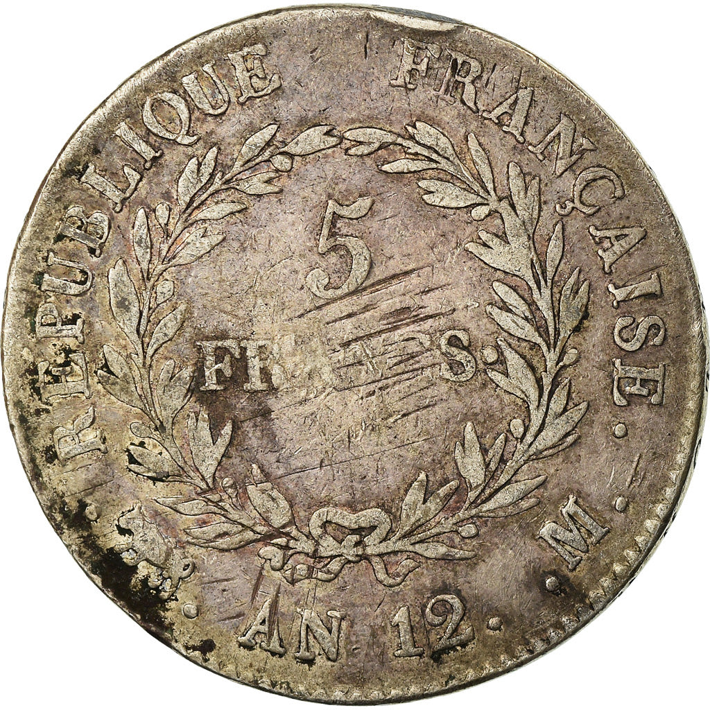Moeda, França, Napoléon I, 5 Francs, An 12, Toulouse, VF(30-35), Prata
