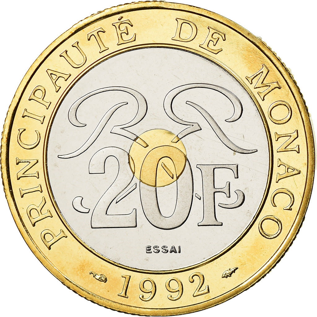 Coin, Monaco, Rainier III, 20 Francs, 1992, ESSAI, MS(63), Tri-Metallic, KM:165