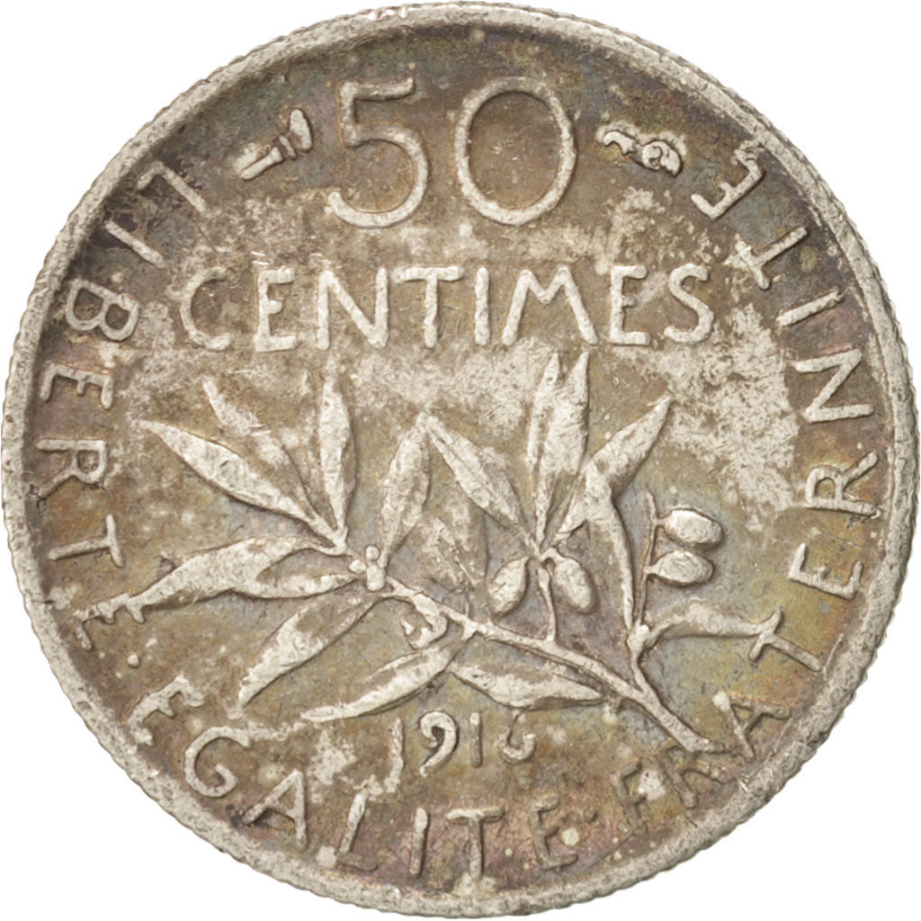 France, Semeuse, 50 Centimes, 1916, Silver, Toned, KM:854