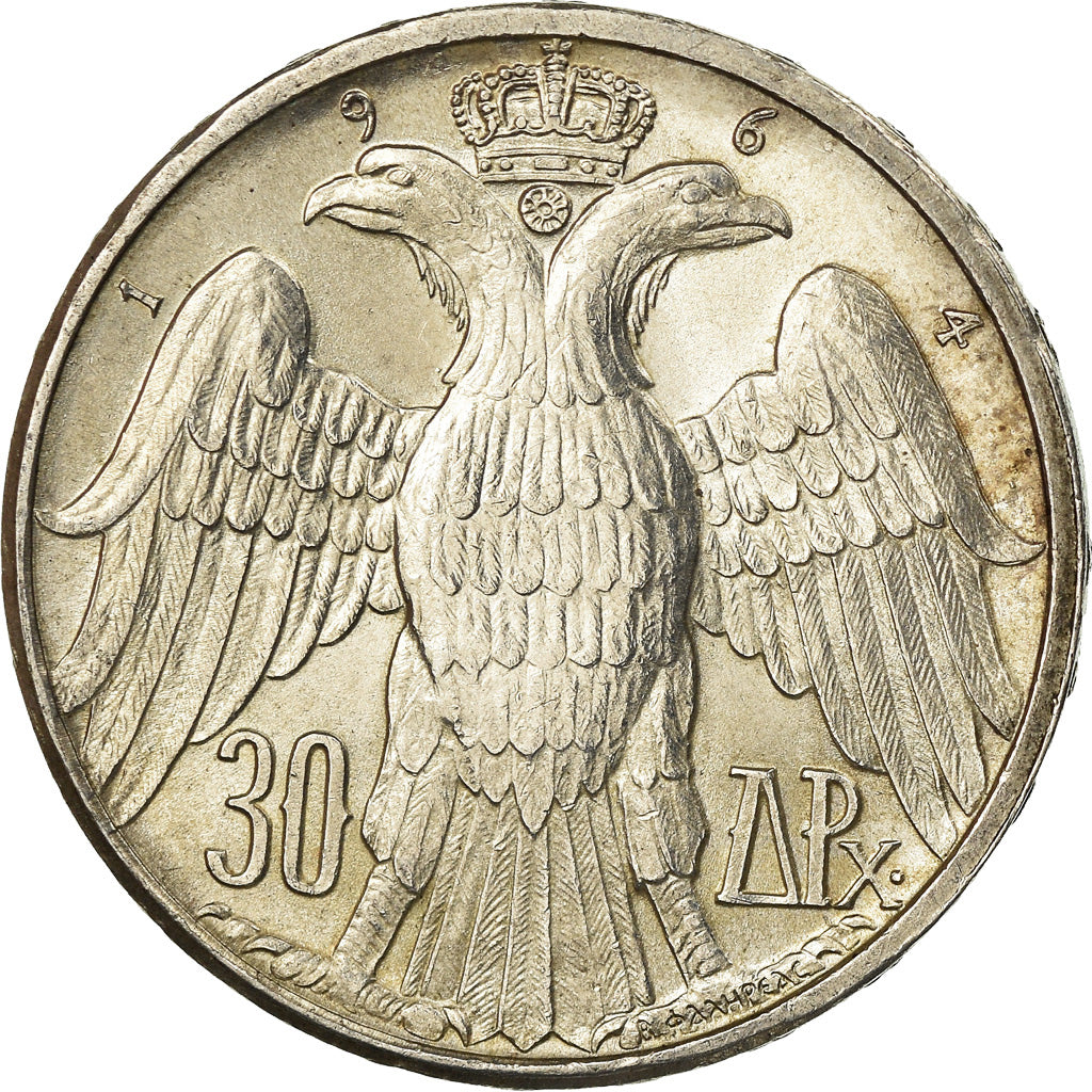 Coin, Greece, Constantine II, 30 Drachmai, 1964, AU(55-58), Silver, KM:87