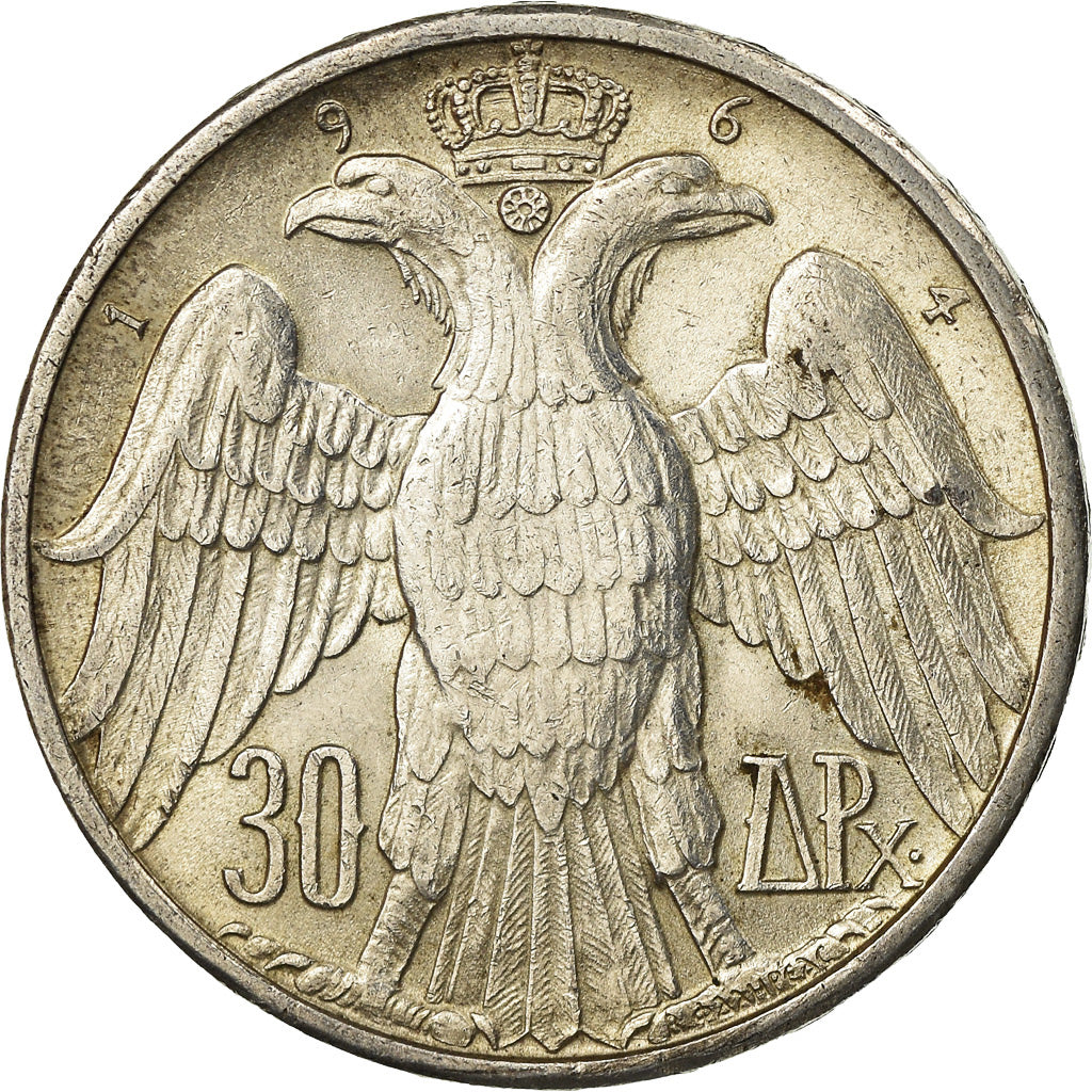 Coin, Greece, Constantine II, 30 Drachmai, 1964, AU(55-58), Silver, KM:87