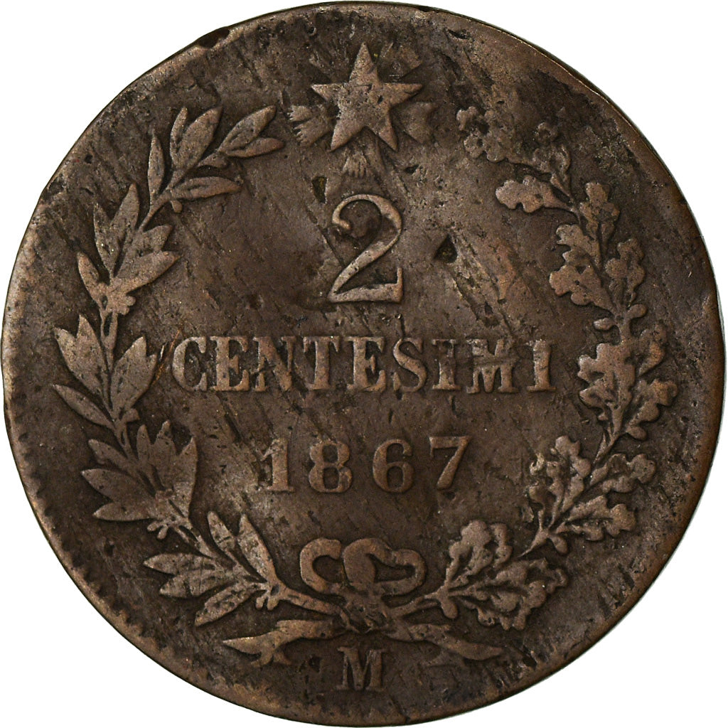 Moneta, Włochy, Vittorio Emanuele II, 2 Centesimi, 1867, Milan, VF(20-25)