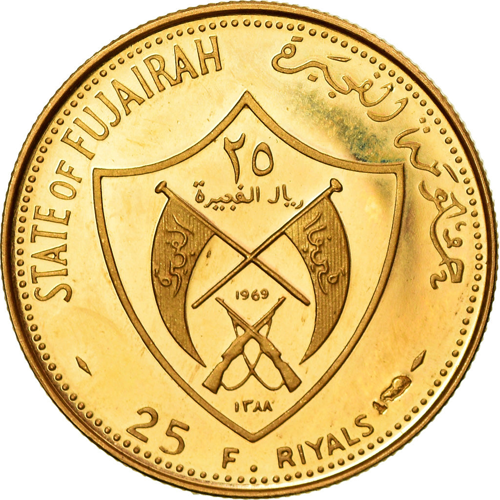 Coin, FUJAIRAH, Muhammad bin Hamad al-Sharqi, 25 Riyals, 1969, MS(63), Gold