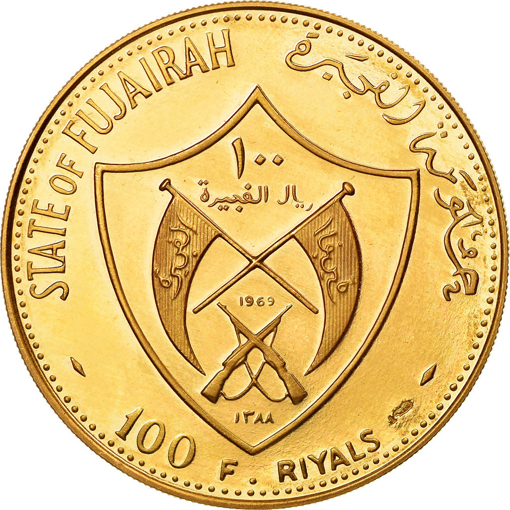 Coin, FUJAIRAH, Muhammad bin Hamad al-Sharqi, 100 Riyals, 1969, MS(63), Gold