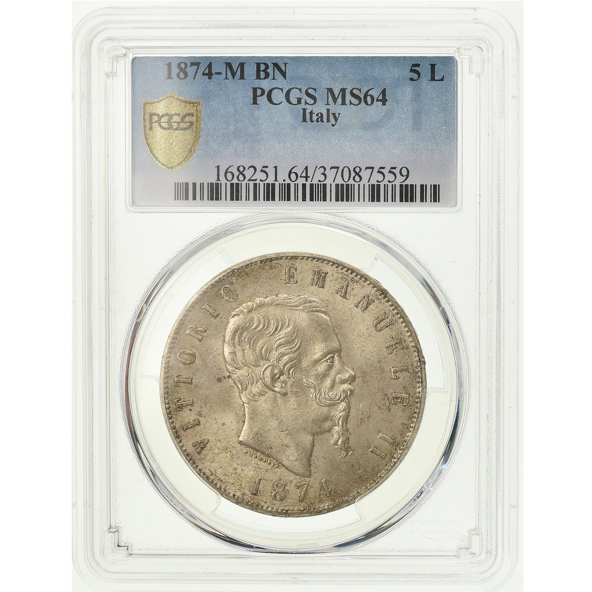 Coin, Italy, Vittorio Emanuele II, 5 Lire, 1874, Milan, PCGS, MS64, Silver