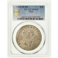 Coin, Italy, Vittorio Emanuele II, 5 Lire, 1874, Milan, PCGS, MS64, Silver