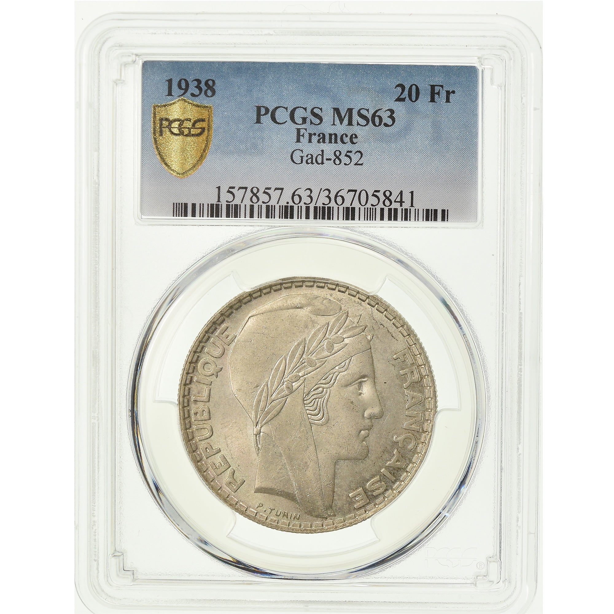 Coin, France, Turin, 20 Francs, 1938, Paris, PCGS, MS63, Silver, KM:879, graded