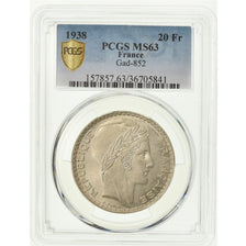 Munten, Frankrijk, Turin, 20 Francs, 1938, Paris, PCGS, MS63, Zilver, KM:879
