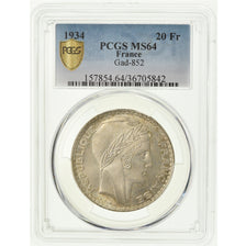 Moneda, Francia, Turin, 20 Francs, 1934, Paris, PCGS, MS64, Plata, KM:879