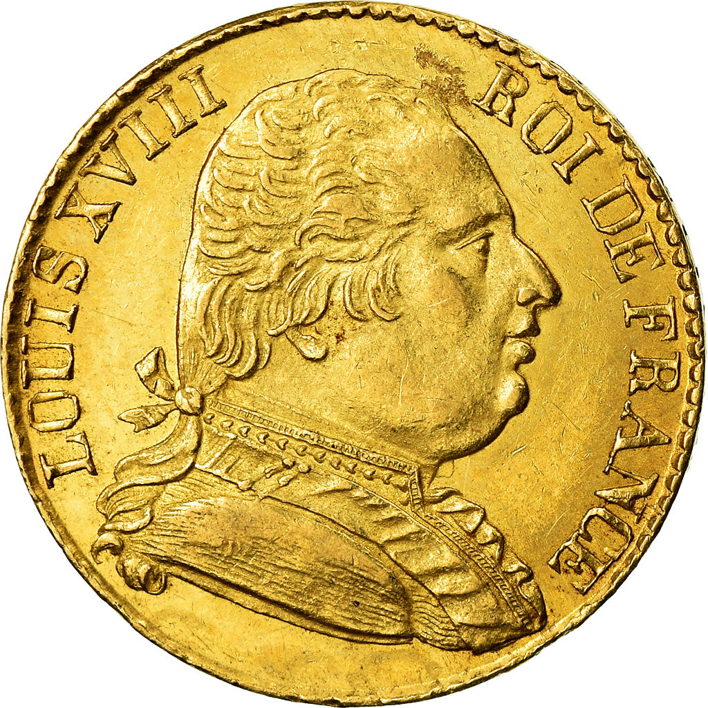 Moneta, Francja, Louis XVIII, 20 Francs, 1815, London, AU(55-58), Złoto, KM:1