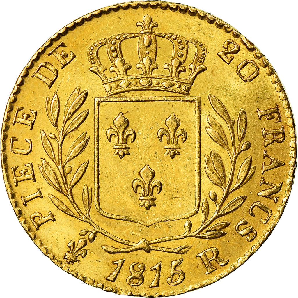 Moneta, Francja, Louis XVIII, 20 Francs, 1815, London, AU(55-58), Złoto, KM:1