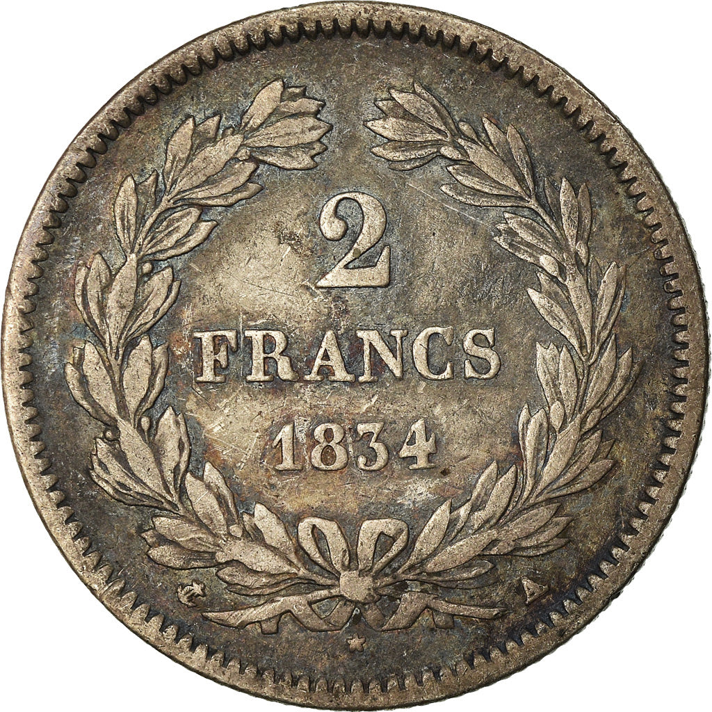 Moneta, Francia, Louis-Philippe, 2 Francs, 1834, Paris, MB, Argento, KM:743.1