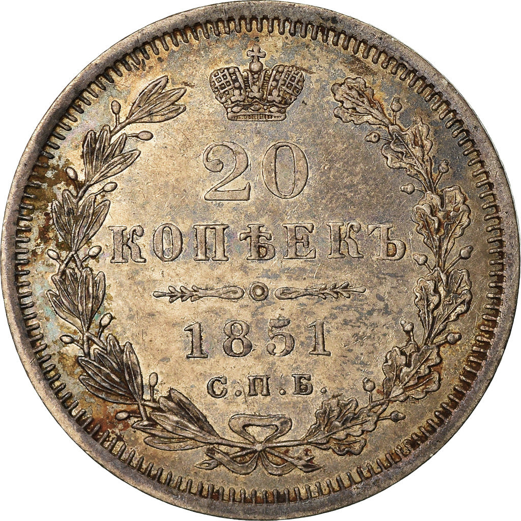 Monnaie, Russie, Nicholas I, 20 Kopeks, 1851, Saint-Petersburg, SUP+, Argent