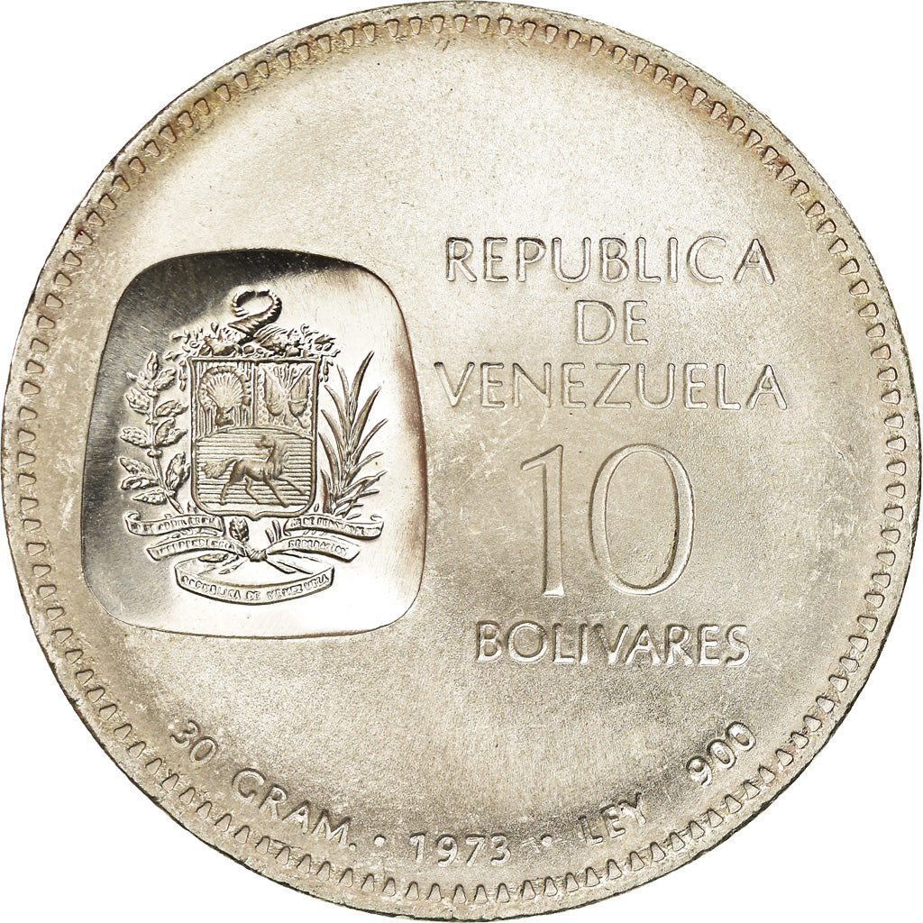 Coin, Venezuela, 10 Bolívares, 1973, Ontario, MS(60-62), Silver, KM:45