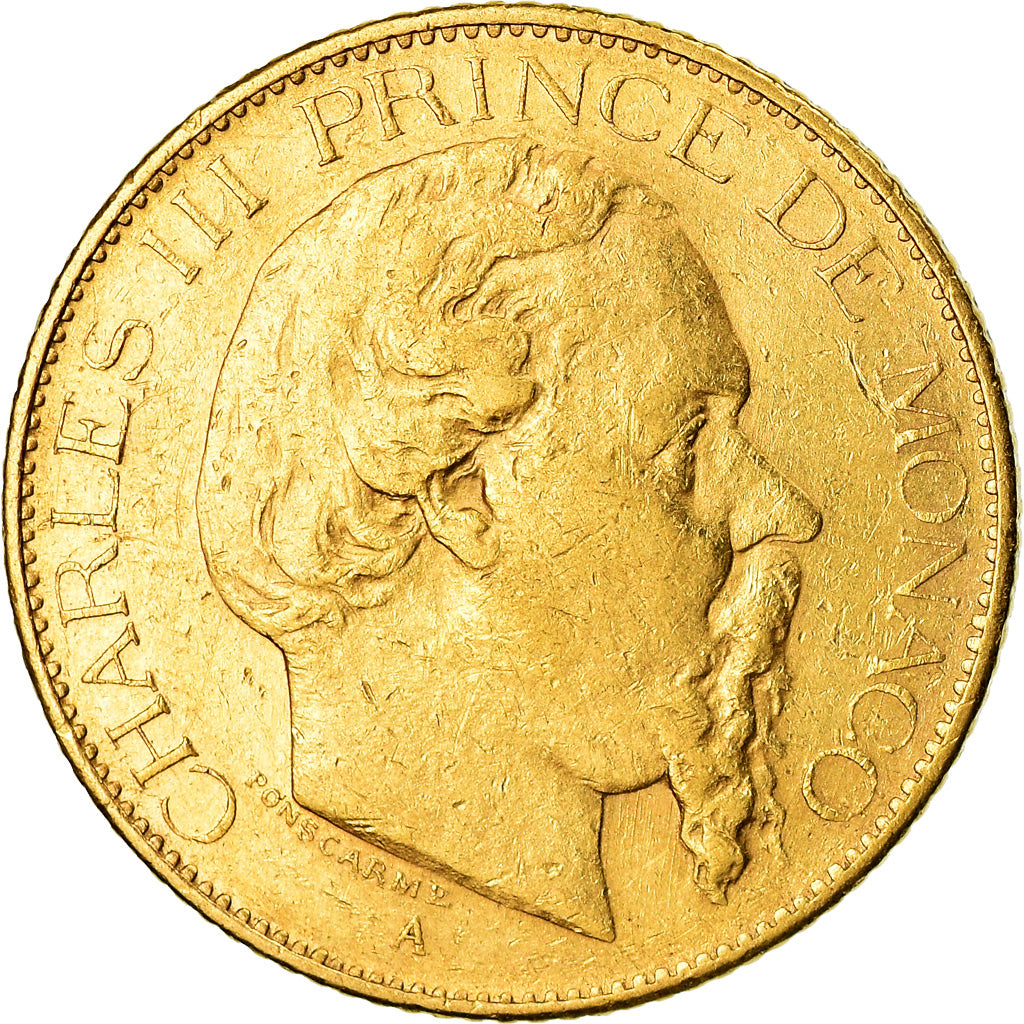 Coin, Monaco, Charles III, 20 Francs, Vingt, 1878, Paris, AU(50-53), Gold, KM:98