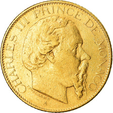 Moeda, Mónaco, Charles III, 20 Francs, Vingt, 1878, Paris, AU(50-53), Dourado